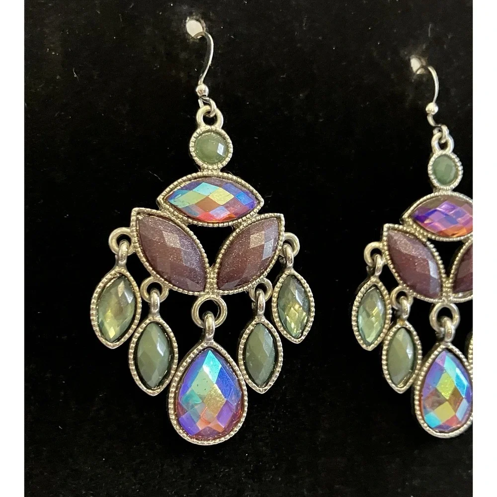 Earrings Iridescent “Oil Spill” Aurora Borealis Chandelier Dangle Bridal Formal